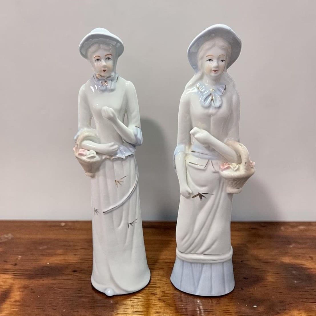 Porcelain Lady with Basket Figurines, Set of 2, Vintage Statues, Mantel Decor