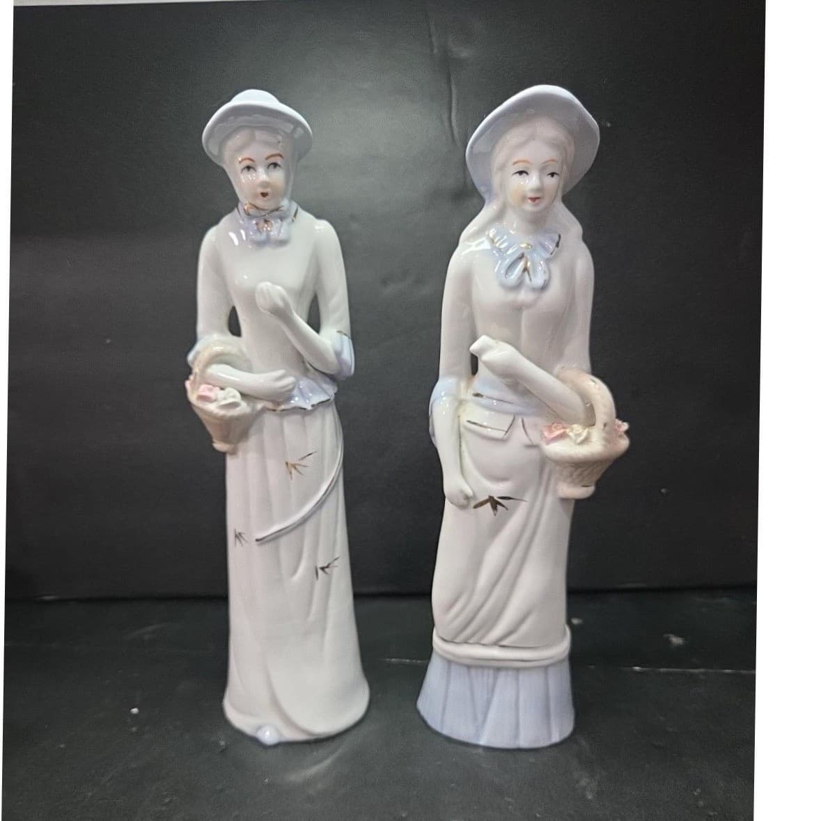 Porcelain Lady with Basket Figurines, Set of 2, Vintage Statues, Mantel Decor - Thumbnail 2