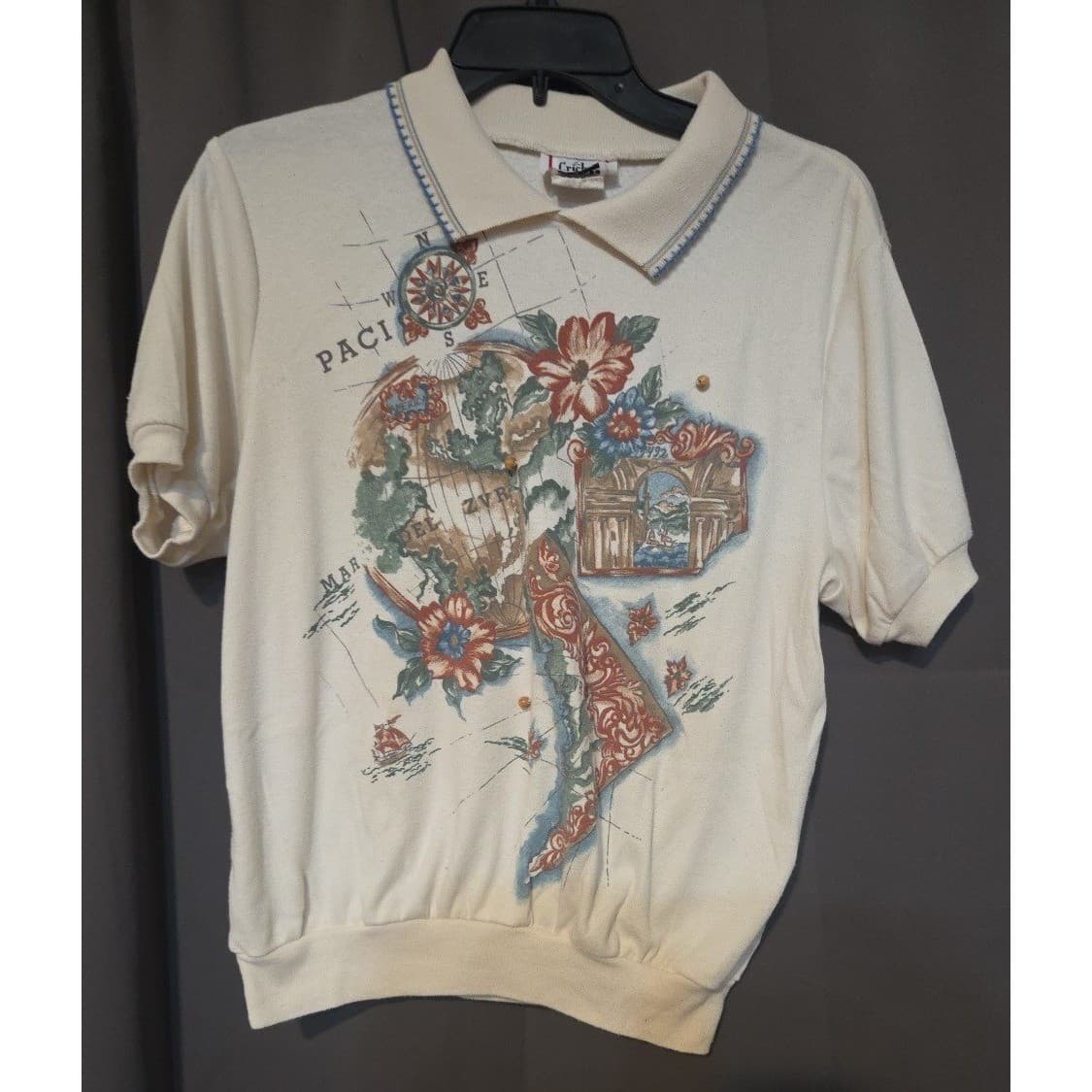 Cricket Lane Nautical Map Polo, Woman's Small, Vintage Floral Motif, Made in USA - Thumbnail 3