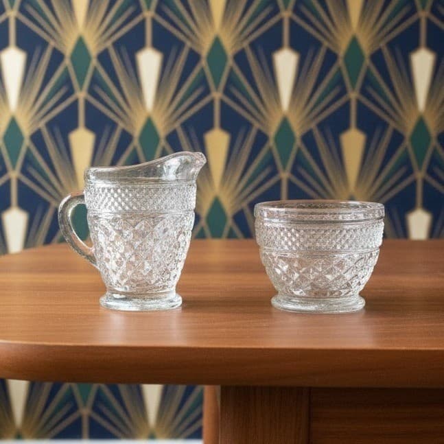 Anchor Hocking Wexford Creamer & Sugar Bowl, Vintage Clear Press Glass Tableware