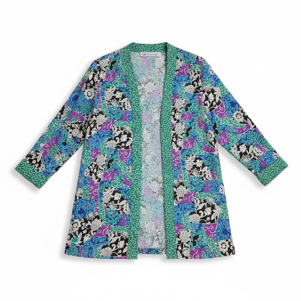 Ms Chaus Vintage Open Front Cardigan, Patchwork Floral Green Blue, Women's Sze 8