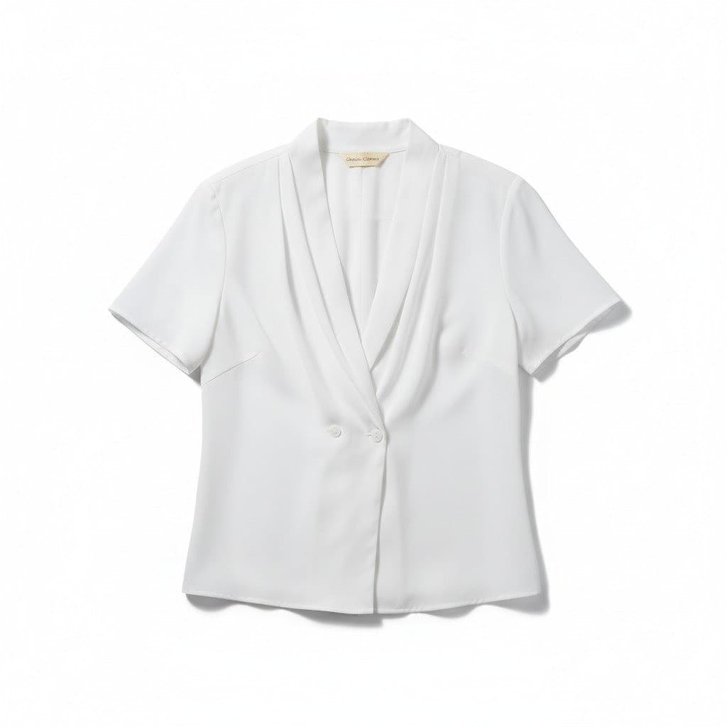 Casual Corner White Short Sleeve Pleated Shawl Collar Blouse, Vintage Size 6