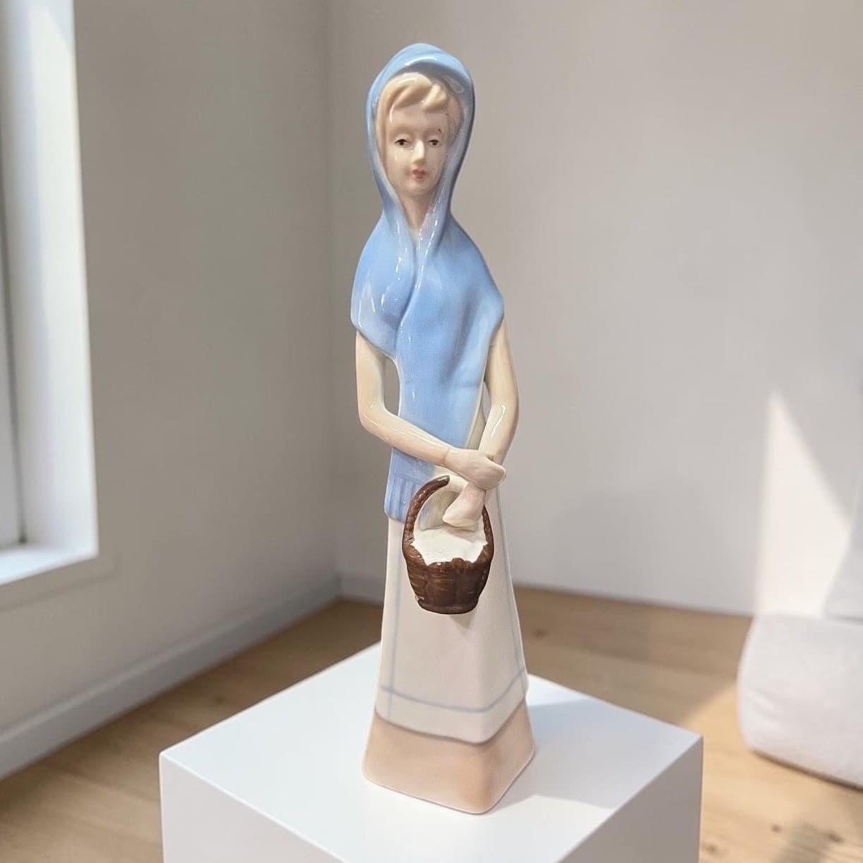 Lladro Style Porcelain Lady Carrying Basket Figurine, Vintage Replacement Statue