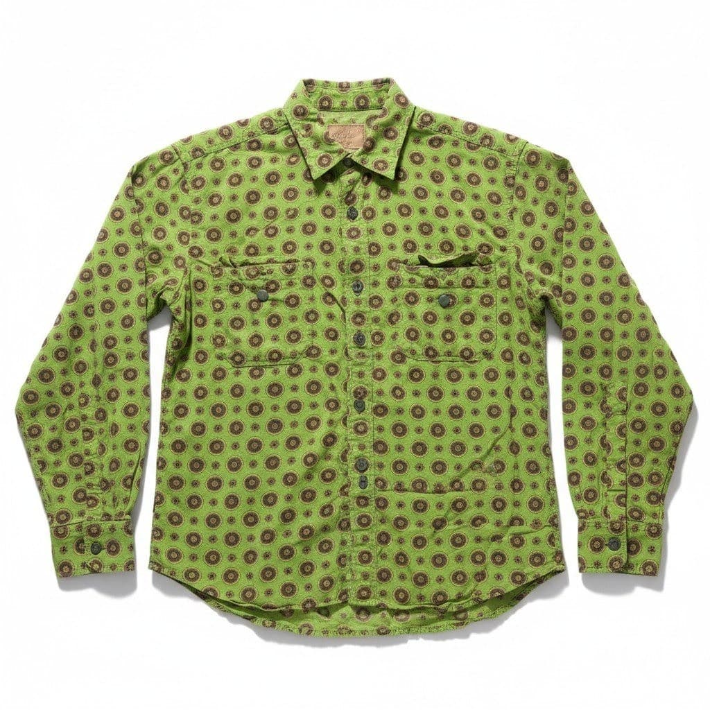 Lizwear Petite Green Medallion Print Button Down, Woman's Small Shirt, Boho Top