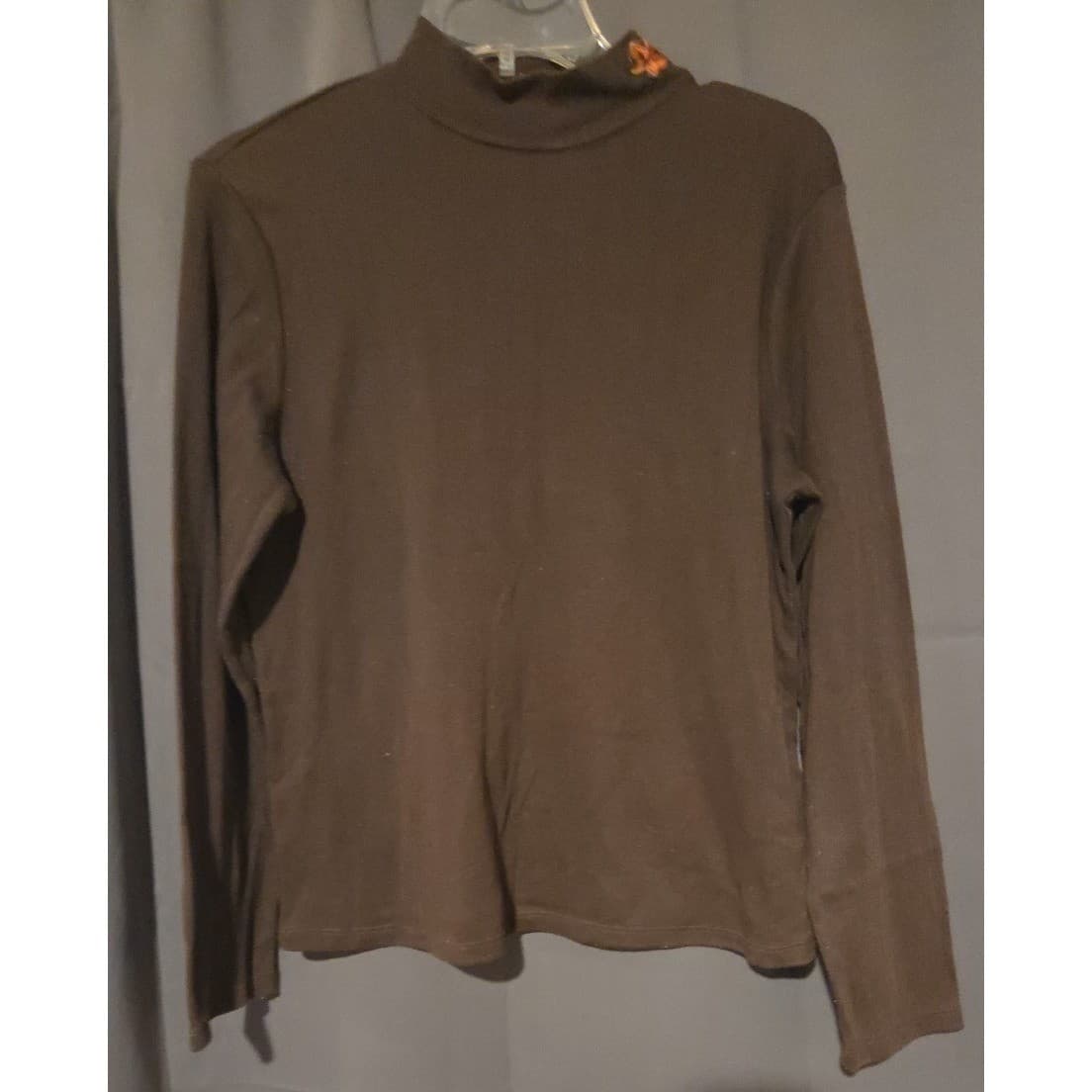 Allison Daley Mock Neck Brown Long Sleeve Top, Women's Small, Embroidered Leaf - Thumbnail 3