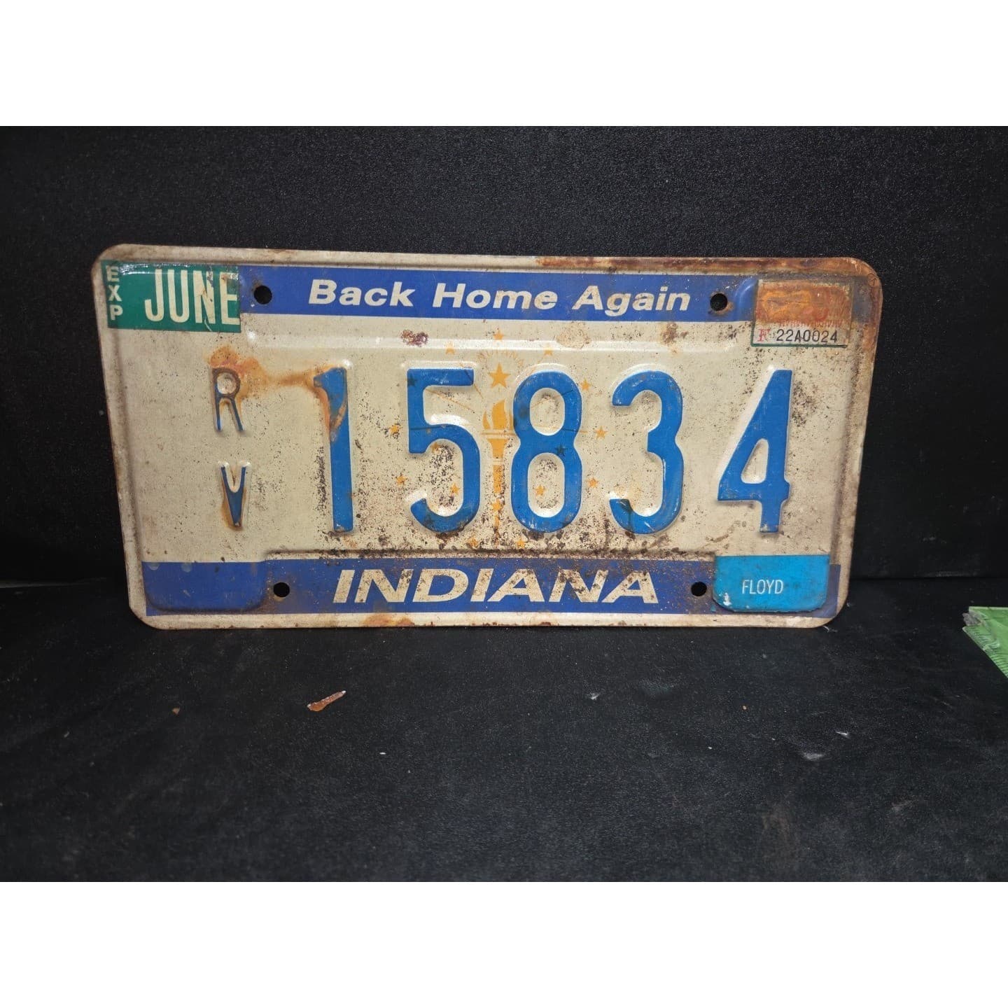 Indiana License Plate Floyd County Back Home Again RV 15834, Vintage Decor