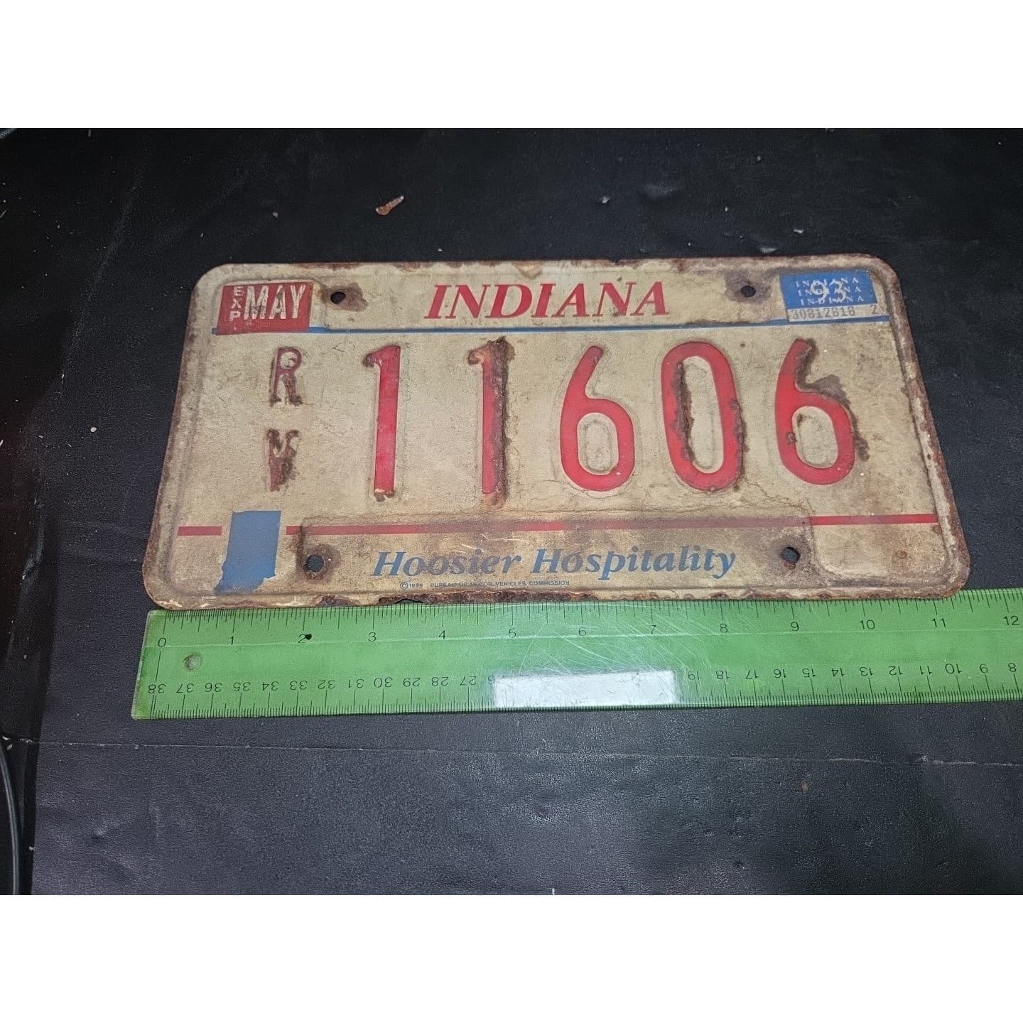 Indiana License Plate Hoosier Hospitality RV 11606, Vintage 1993, Rust Patina - Thumbnail 4