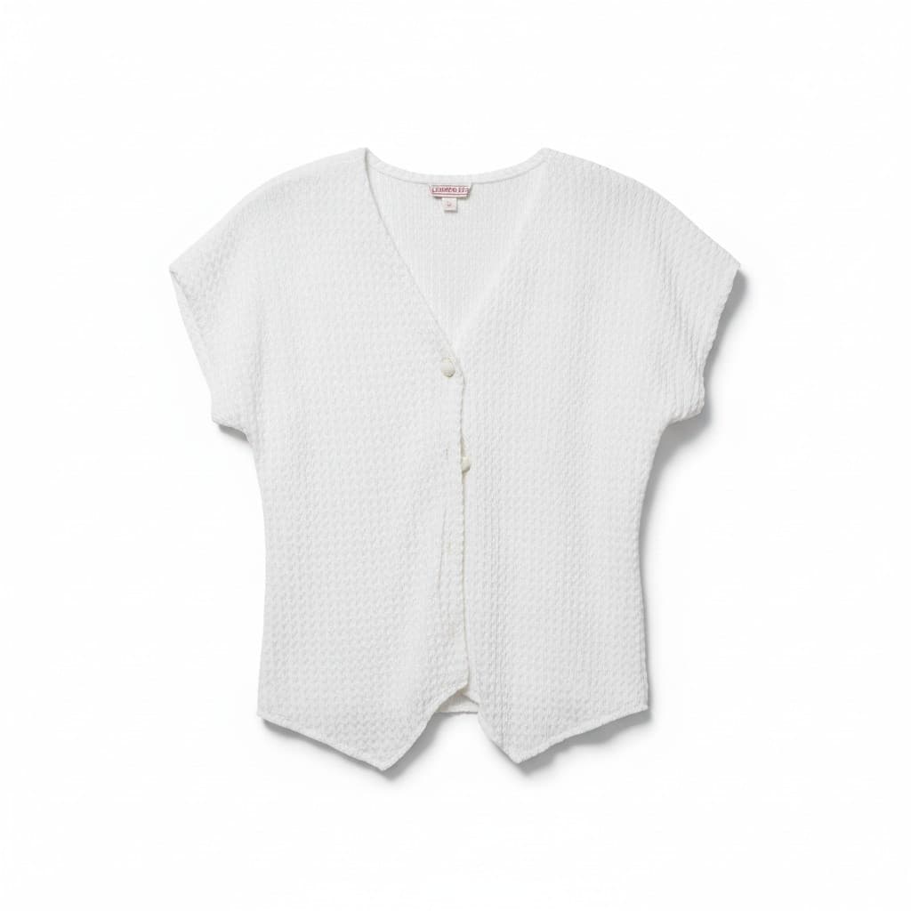Lauren Lee White Textured Short Sleeve Button Front Top, Women's Small 53023