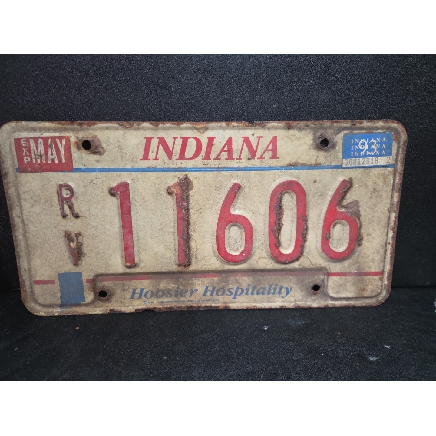 Indiana License Plate Hoosier Hospitality RV 11606, Vintage 1993, Rust Patina