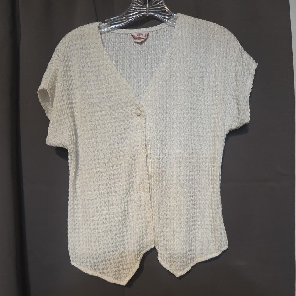 Lauren Lee White Textured Short Sleeve Button Front Top, Women's Small 53023 - Thumbnail 3