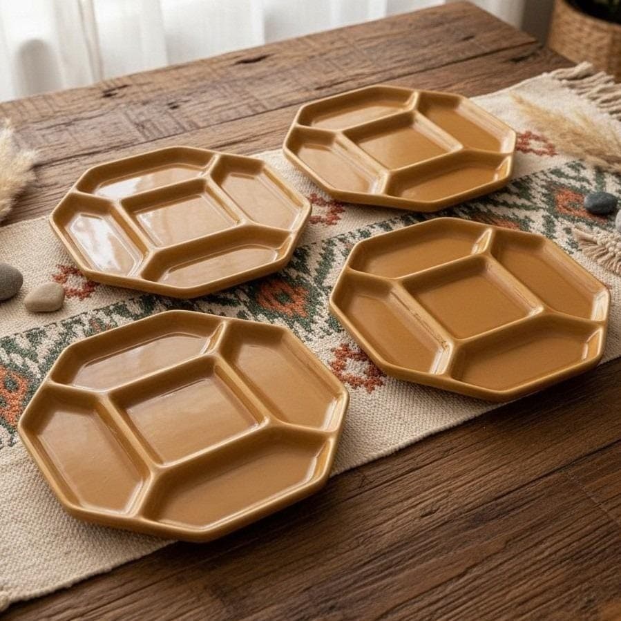 Gien Cousances 5-Section Enameled Plates, Set of 4, French Fondue Divided Dish
