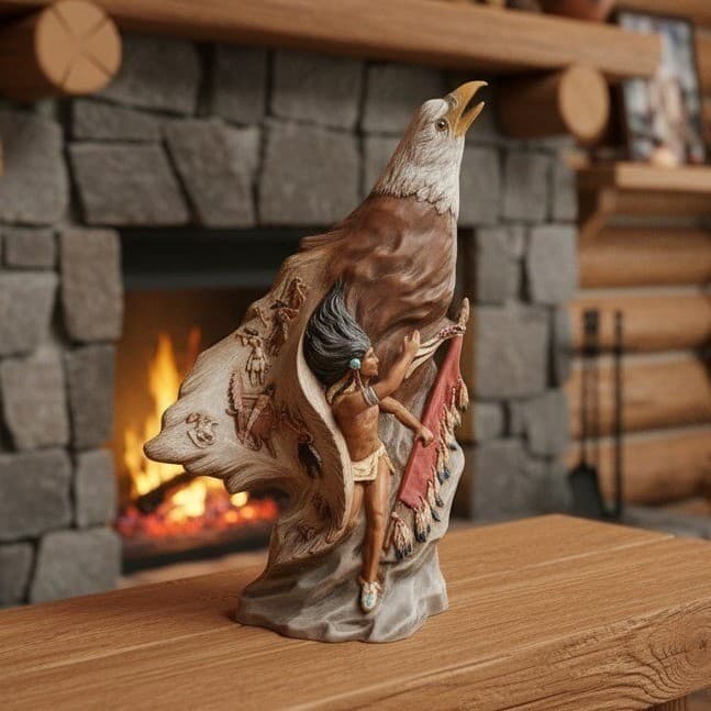 Native American Inspired Eagle Warrior Sculpture, Hand-Painted Ceramic Figurine