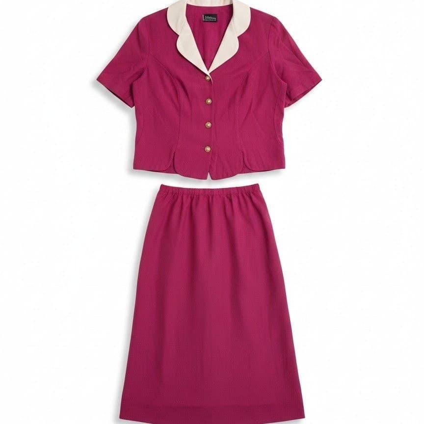 Whirlaway Frocks Magenta Pink 2 Piece Skirt Set, Scalloped Collar, Retro Vintage