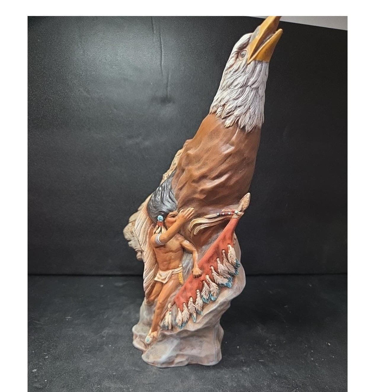 Native American Inspired Eagle Warrior Sculpture, Hand-Painted Ceramic Figurine - Thumbnail 6