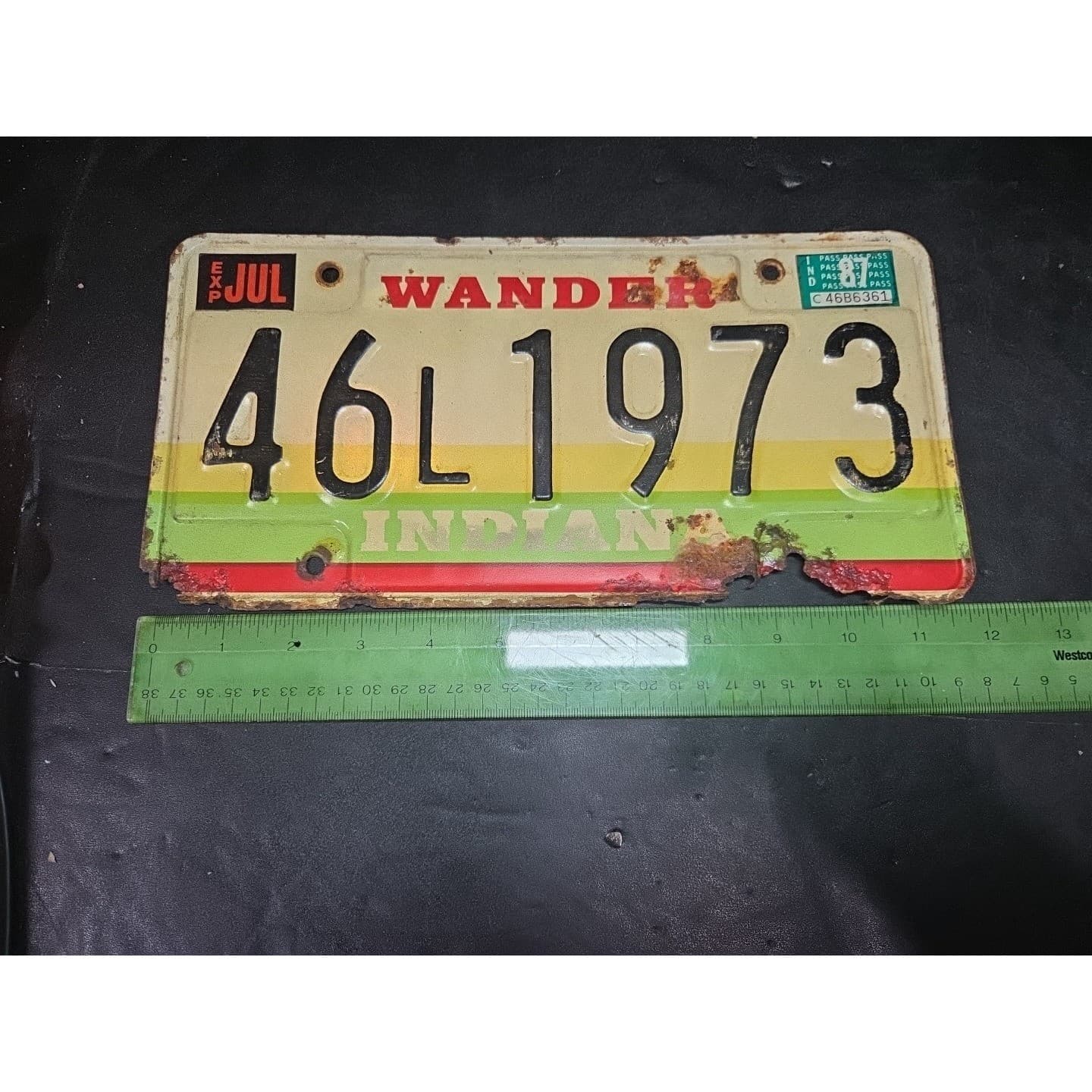 Indiana Wander License Plate 46L 1973, Rustic Metal Garage Decor, Vintage 1987 - Thumbnail 4
