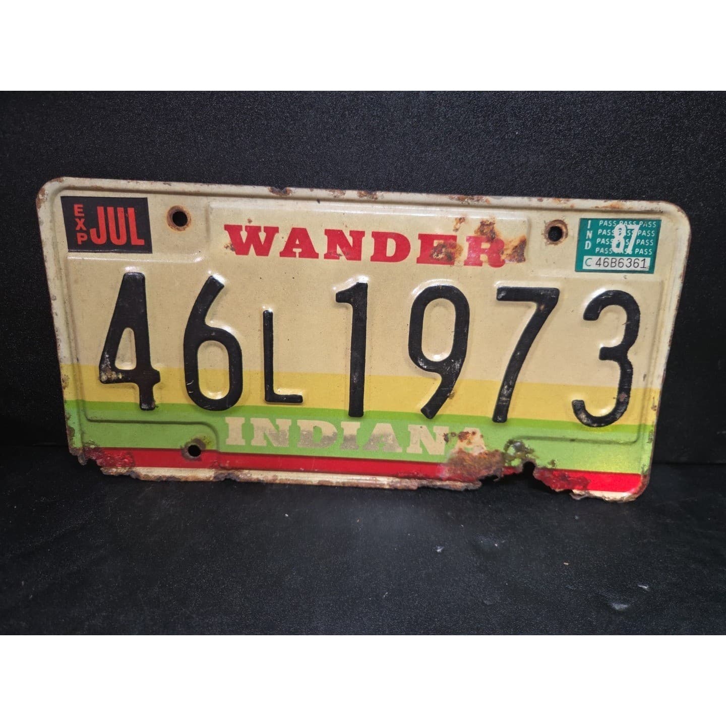 Indiana Wander License Plate 46L 1973, Rustic Metal Garage Decor, Vintage 1987