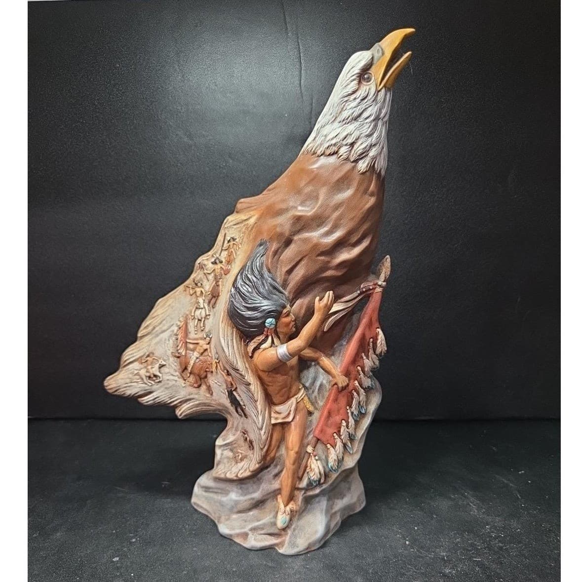 Native American Inspired Eagle Warrior Sculpture, Hand-Painted Ceramic Figurine - Thumbnail 2