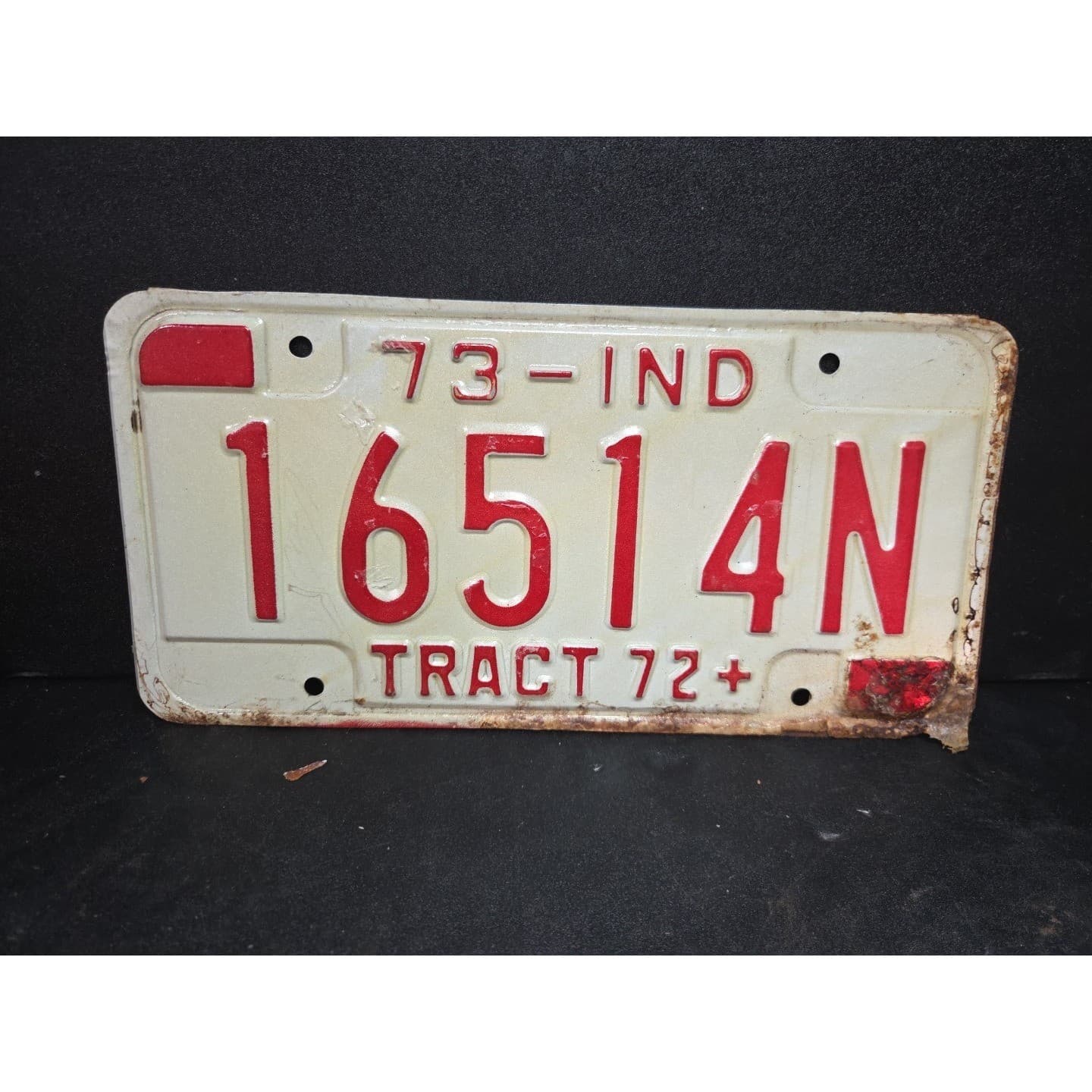 Indiana Tractor License Plate 16514N, Red White Hoosier State, Vintage 73-IND