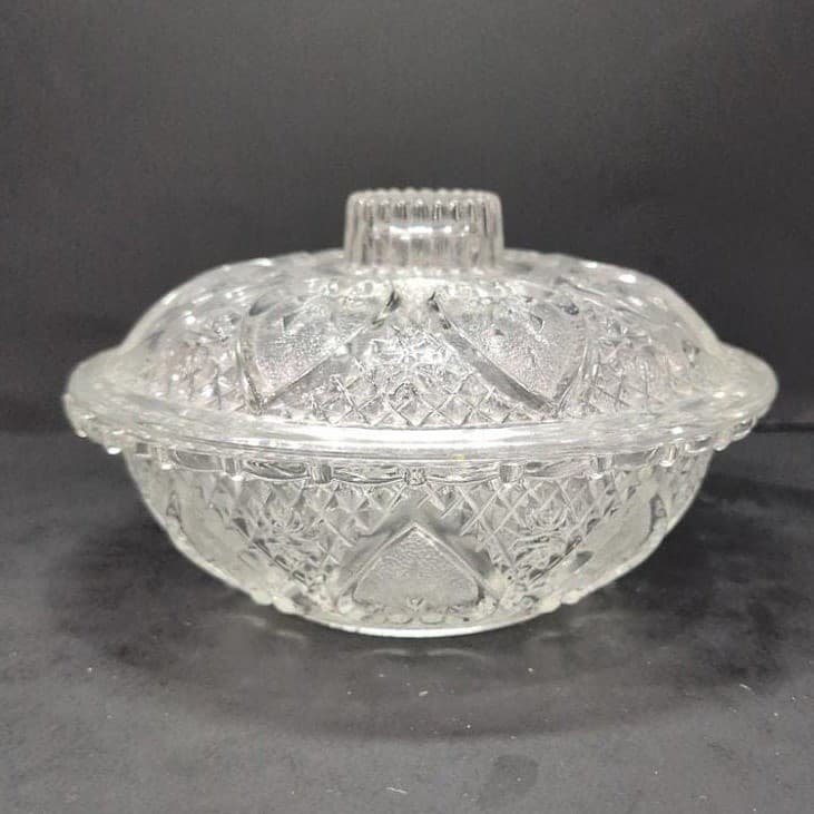 Pasari Indonesia Lidded Candy Dish, Hearts & Flowers Pattern, Pressed Glass Jar - Thumbnail 9