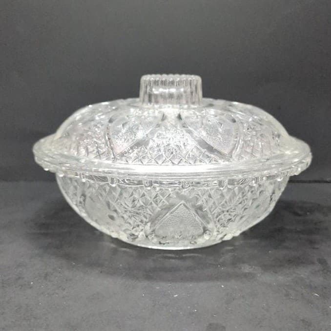 Pasari Indonesia Lidded Candy Dish, Hearts & Flowers Pattern, Pressed Glass Jar - Thumbnail 10
