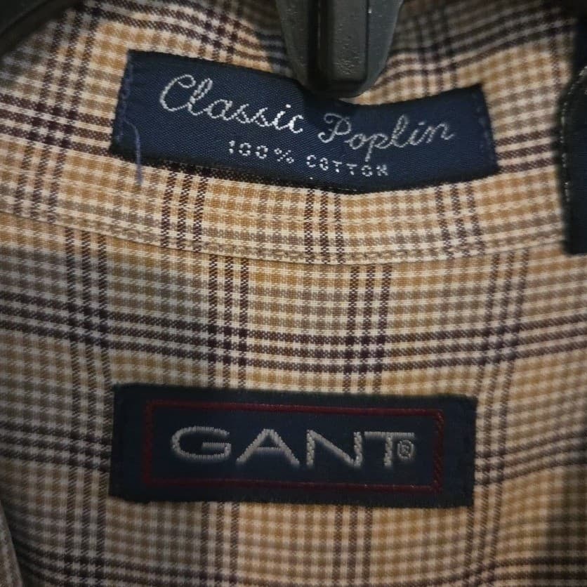 Gant Classic Poplin Button Down Shirt, Tan Blue Check Long Sleeve, Men's Large - Thumbnail 5