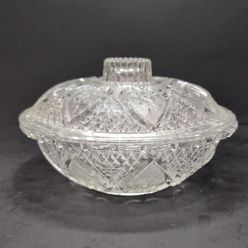 Pasari Indonesia Lidded Candy Dish, Hearts & Flowers Pattern, Pressed Glass Jar - Thumbnail 2