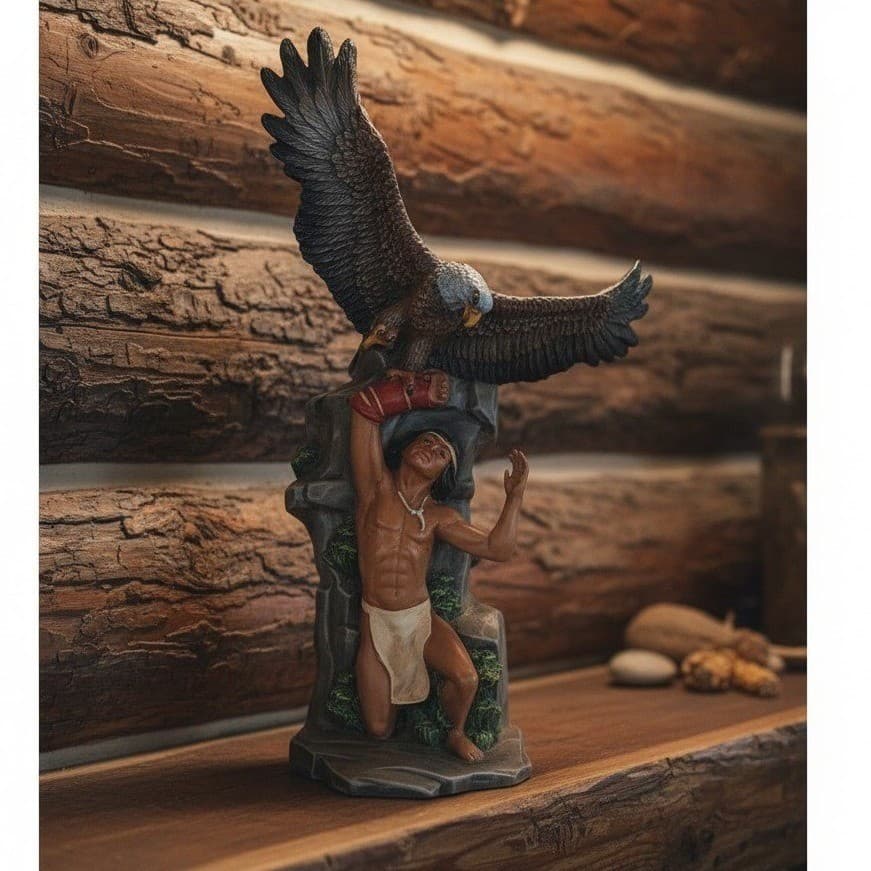 Native American Inspired Warrior & Eagle Figurine, Handcrafted Ceramic Sculpture