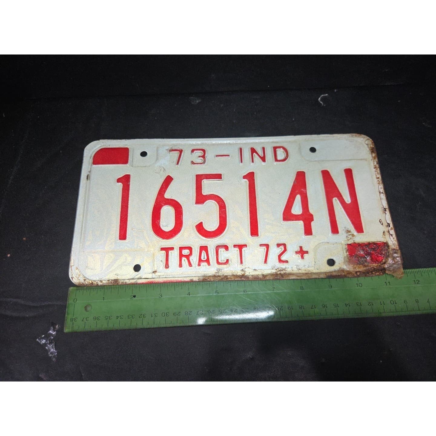 Indiana Tractor License Plate 16514N, Red White Hoosier State, Vintage 73-IND - Thumbnail 4