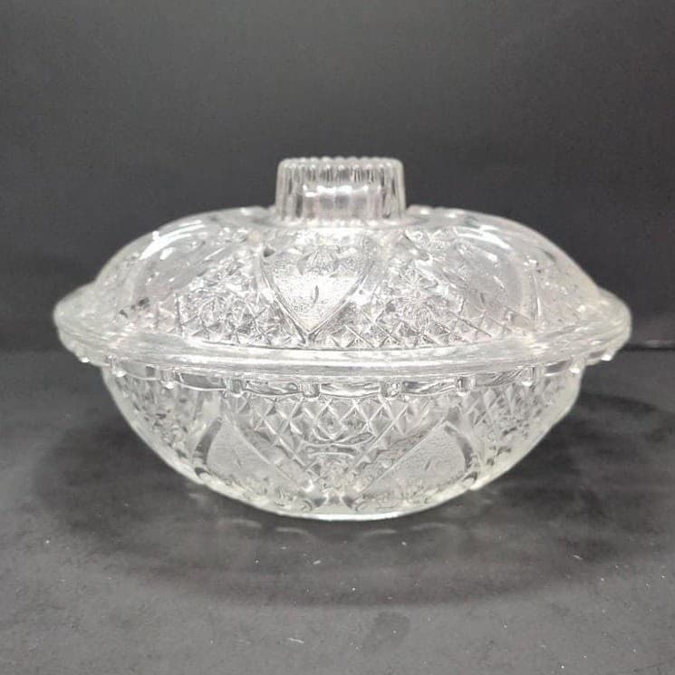 Pasari Indonesia Lidded Candy Dish, Hearts & Flowers Pattern, Pressed Glass Jar - Thumbnail 11