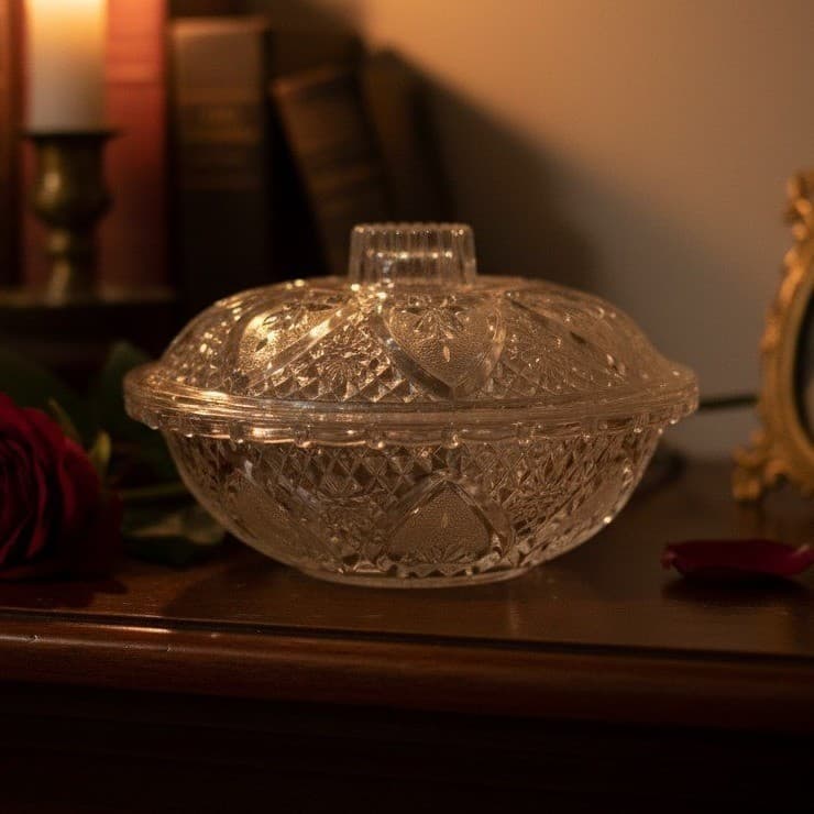Pasari Indonesia Lidded Candy Dish, Hearts & Flowers Pattern, Pressed Glass Jar