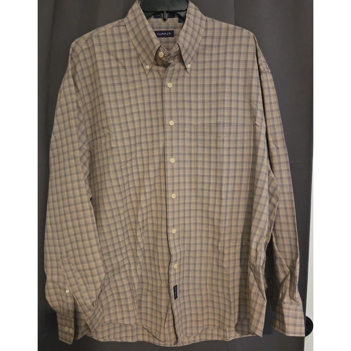 Gant Classic Poplin Button Down Shirt, Tan Blue Check Long Sleeve, Men's Large - Thumbnail 3