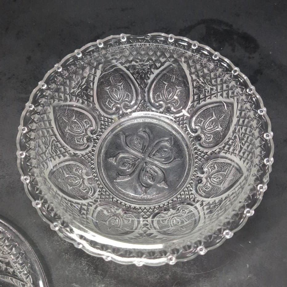 Pasari Indonesia Lidded Candy Dish, Hearts & Flowers Pattern, Pressed Glass Jar - Thumbnail 4