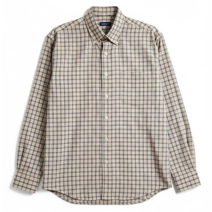 Gant Classic Poplin Button Down Shirt, Tan Blue Check Long Sleeve, Men's Large