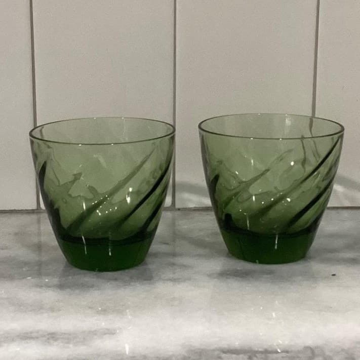Libbey Avocado Green Swirl Lowball Tumblers, Set of 2, Vintage Glass Drinkware - Thumbnail 9