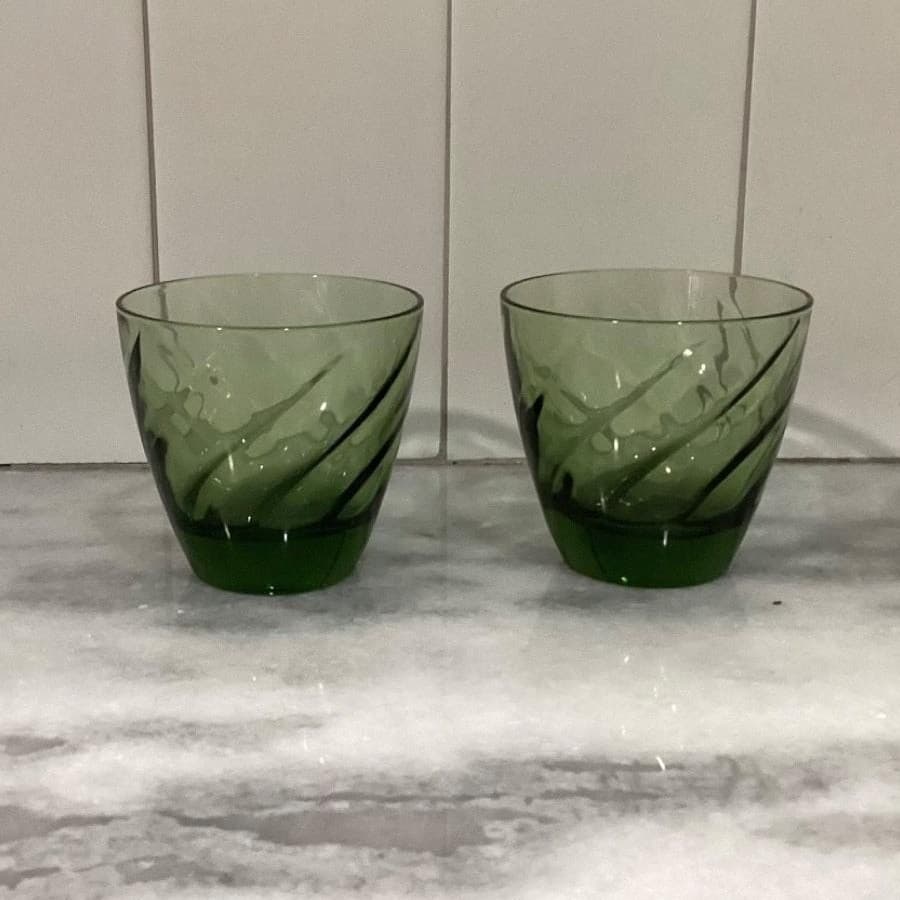 Libbey Avocado Green Swirl Lowball Tumblers, Set of 2, Vintage Glass Drinkware - Thumbnail 6