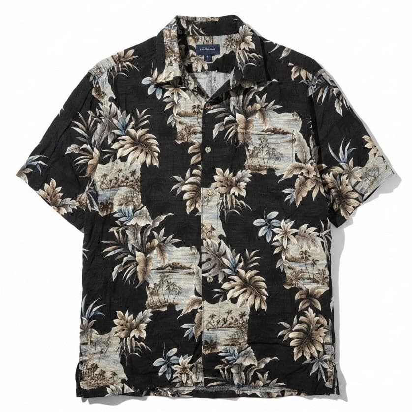 Croft & Barrow Rayon Tropical Palm Island Print Camp Shirt Black, Men's Medium