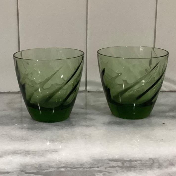 Libbey Avocado Green Swirl Lowball Tumblers, Set of 2, Vintage Glass Drinkware - Thumbnail 8