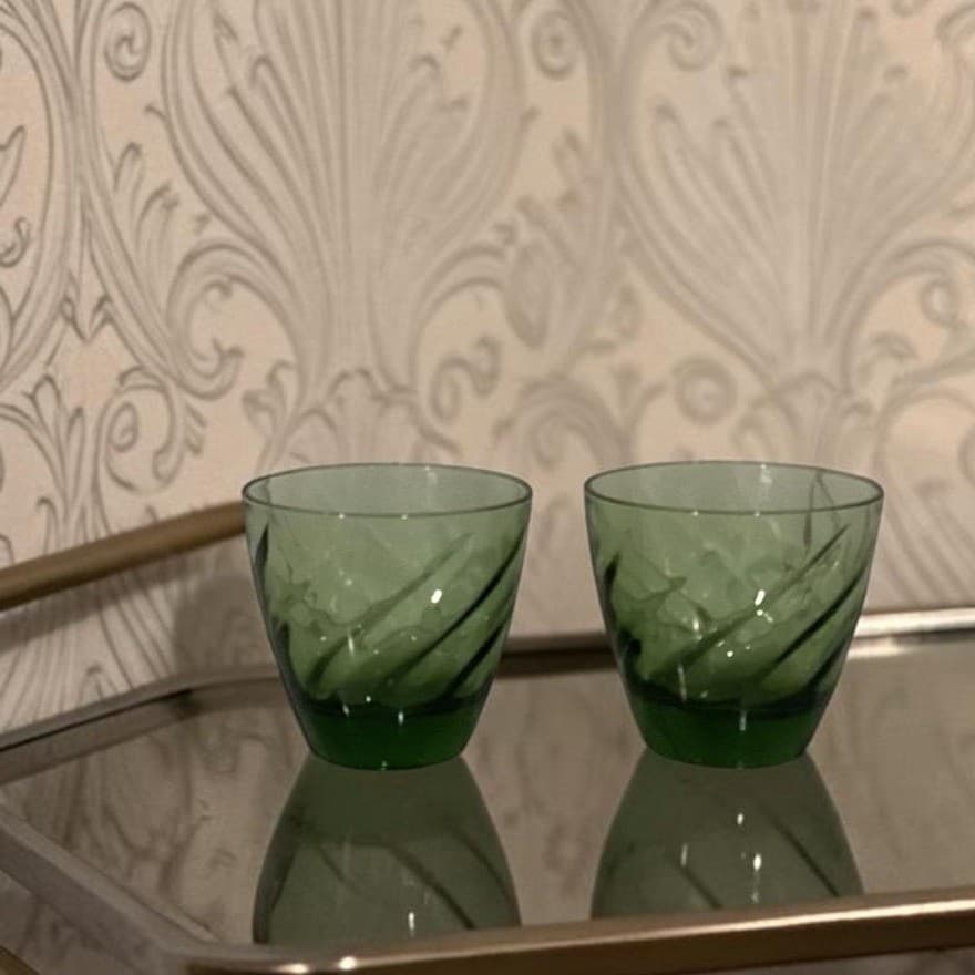 Libbey Avocado Green Swirl Lowball Tumblers, Set of 2, Vintage Glass Drinkware