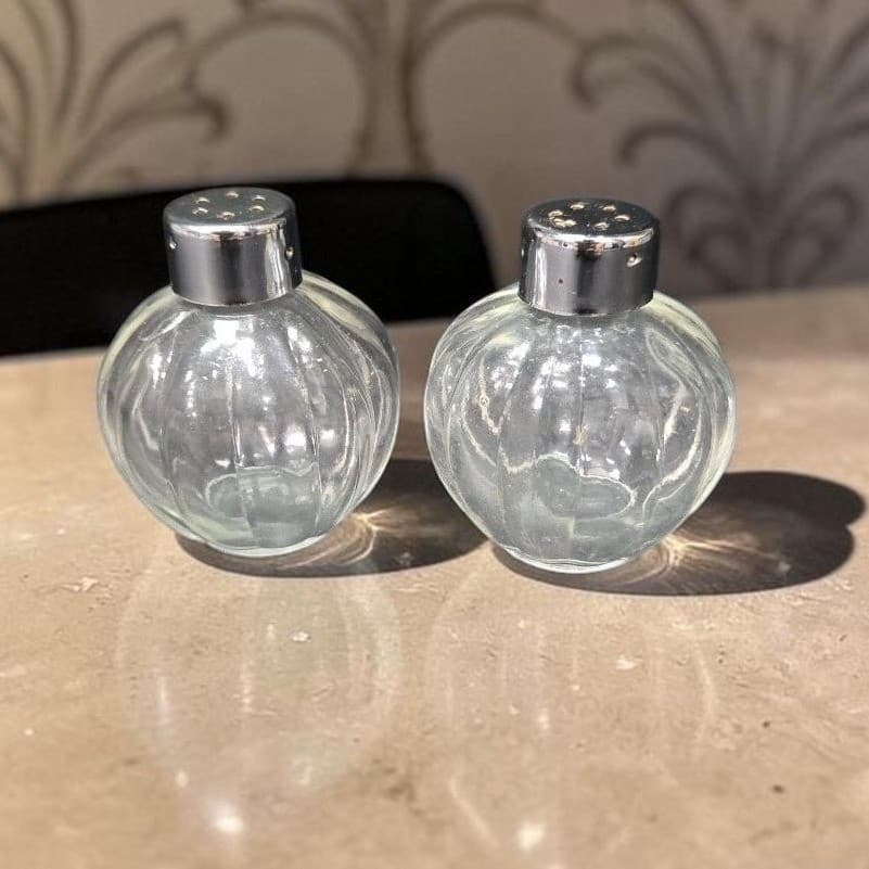 Clear Glass Salt & Pepper Shakers, Vintage Melon Ribbed Design, MCM Tableware