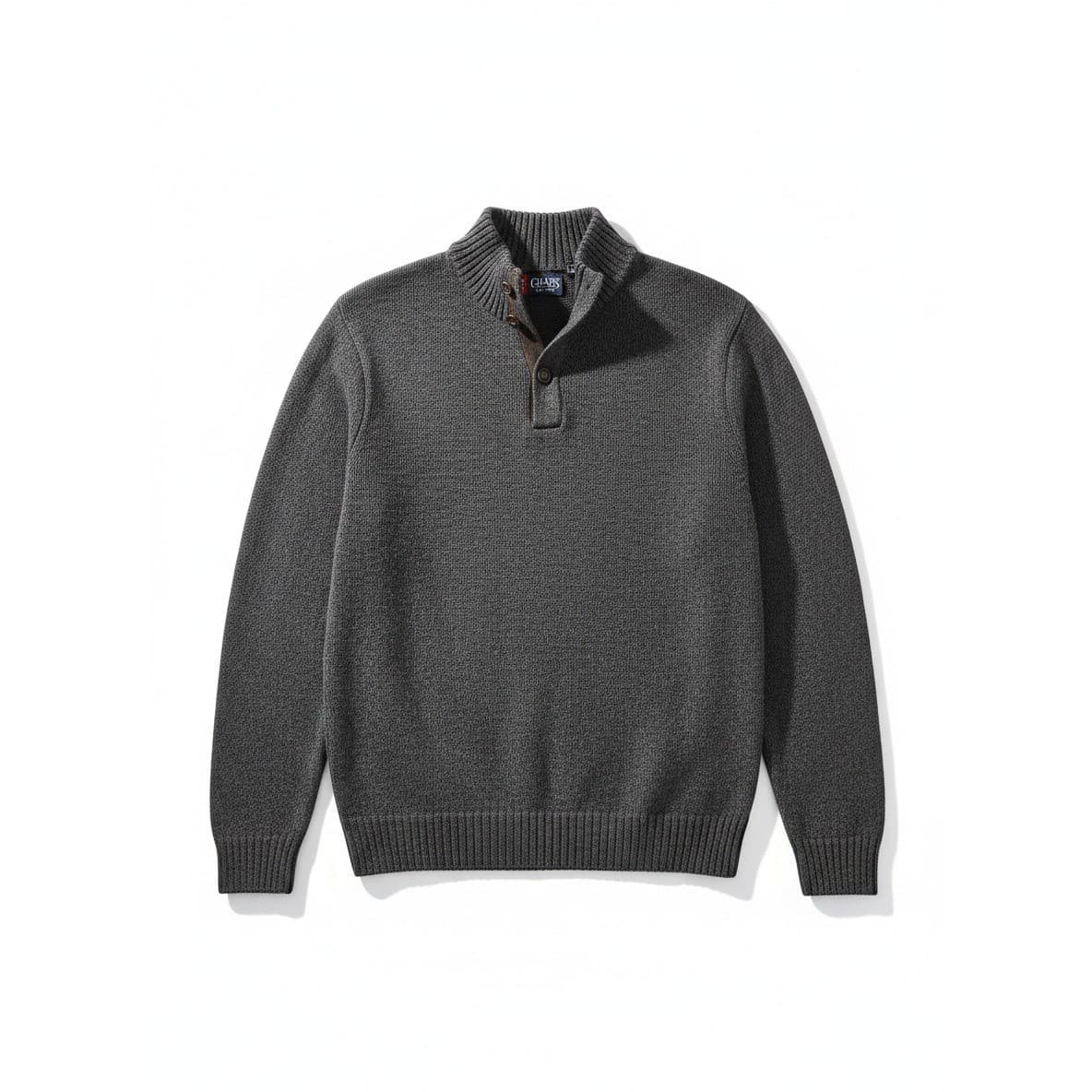 Chaps Gray 100% Cotton Quarter Button Mock Neck Sweater, Men's Large L/G