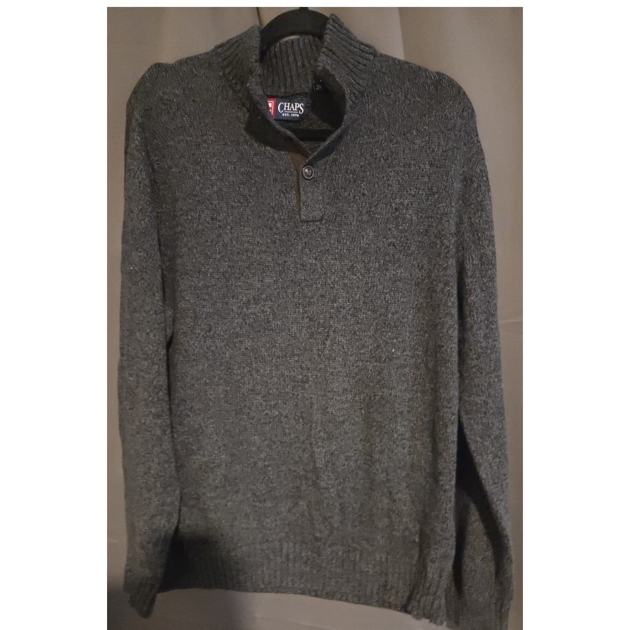 Chaps Gray 100% Cotton Quarter Button Mock Neck Sweater, Men's Large L/G - Thumbnail 3
