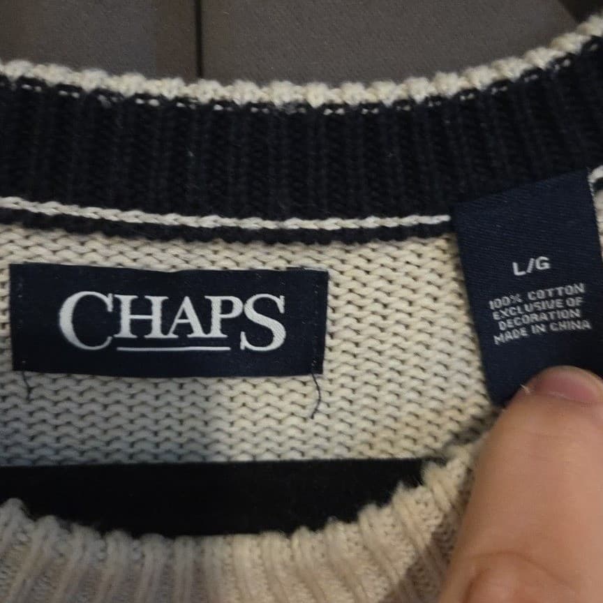 Chaps Cream Cotton Crewneck Sweater, Navy Crest Logo, Men's Large - Thumbnail 5