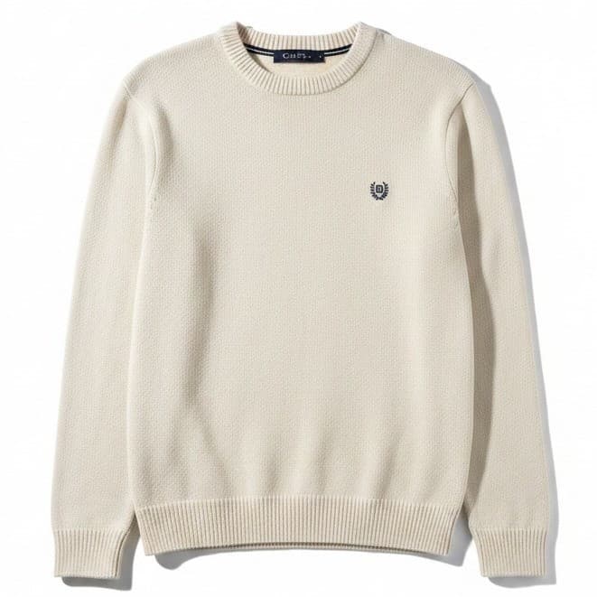 Chaps Cream Cotton Crewneck Sweater, Navy Crest Logo, Men's Large