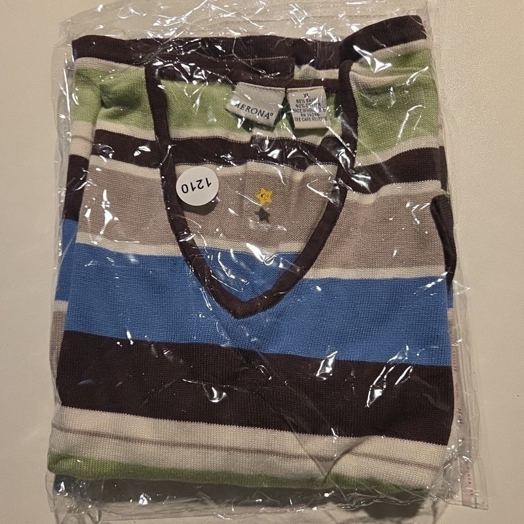 Merona Striped V-Neck, Short Sleeve Knit Top, Blue Green Brown Rayon, Women's XL - Thumbnail 7