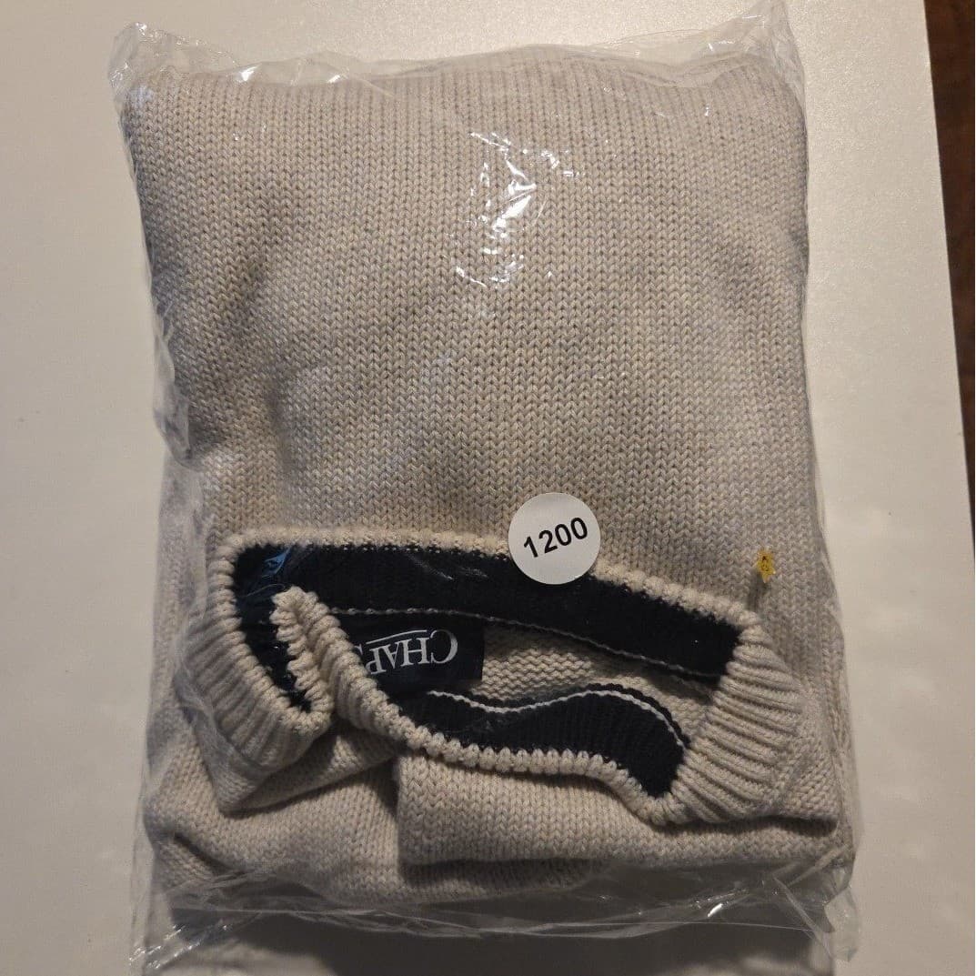 Chaps Cream Cotton Crewneck Sweater, Navy Crest Logo, Men's Large - Thumbnail 8