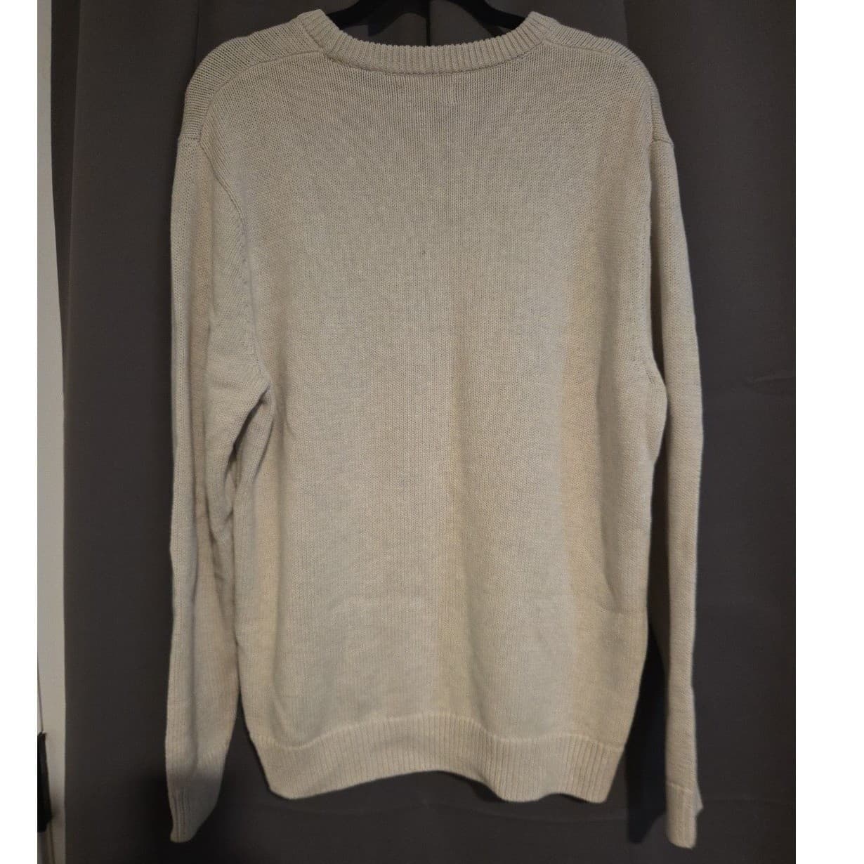 Chaps Cream Cotton Crewneck Sweater, Navy Crest Logo, Men's Large - Thumbnail 4