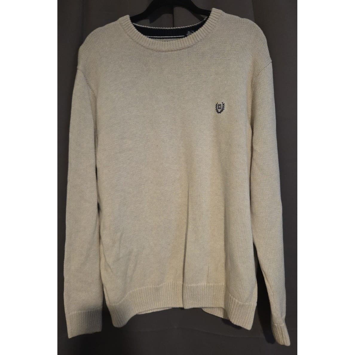 Chaps Cream Cotton Crewneck Sweater, Navy Crest Logo, Men's Large - Thumbnail 3