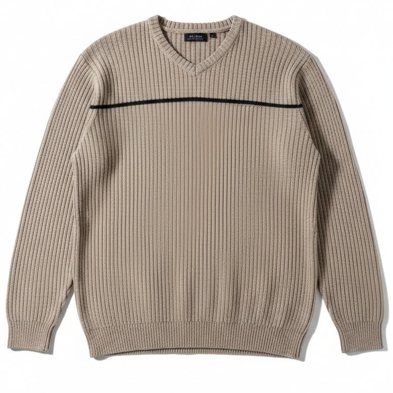Axcess Liz Claiborne Brown Ribbed V-Neck Sweater, Black Chest Stripe Men's Large