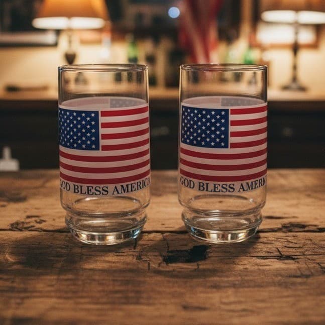 American Flag "God Bless America" Tumblers, Set of 2, Vintage Patriotic Glasses