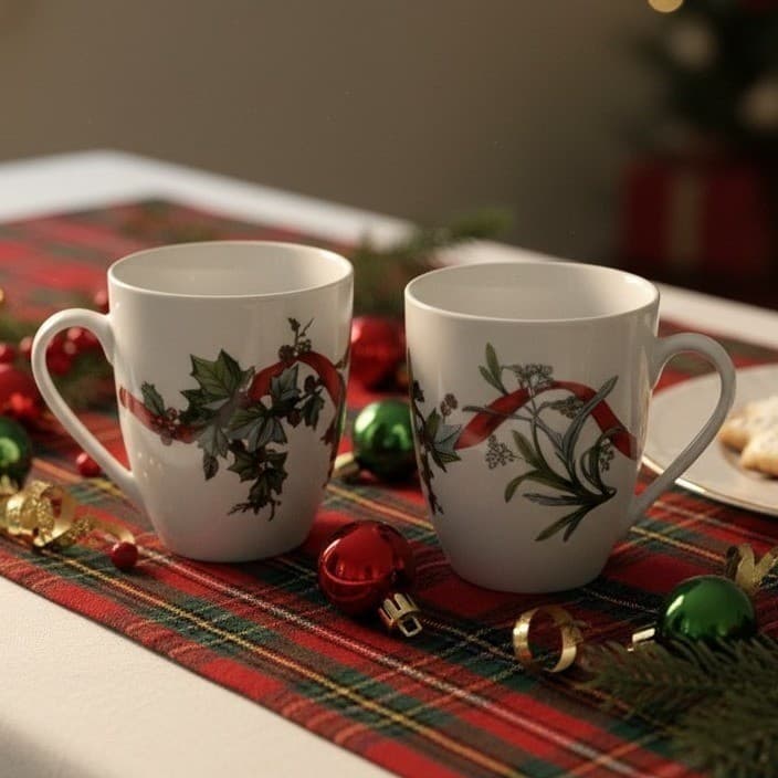 BrylaneHome Christmas Jolly Time Coffee Cups, Set of 2, Holiday Ribbon Designs